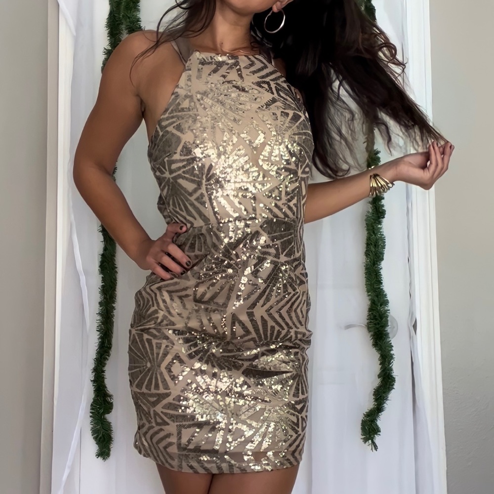 Lulu’s Minuet Gold Sequined Strappy Open Back Formal Mini Cocktail Dress
